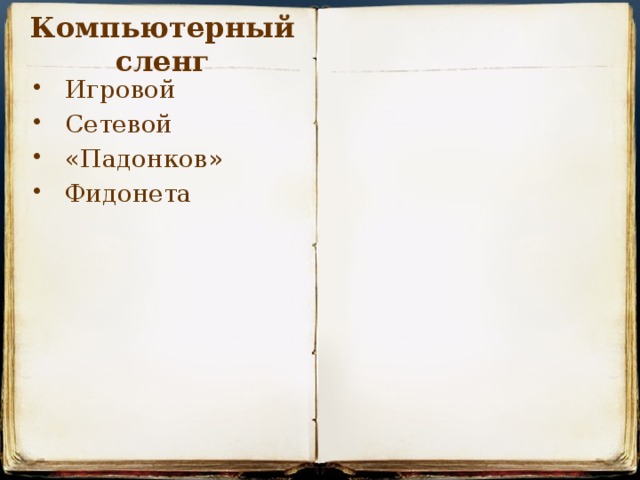Компьютерный сленг  Игровой   Сетевой    «Падонков»  Фидонета  