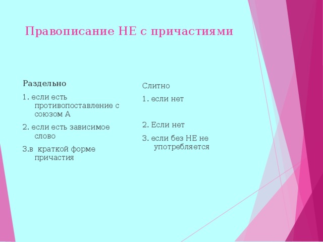 Правописание НЕ с причастиями Раздельно 1. если есть противопоставление с союзом А 2. если есть зависимое слово 3.в краткой форме причастия Слитно 1. если нет 2. Если нет 3. если без НЕ не употребляется  