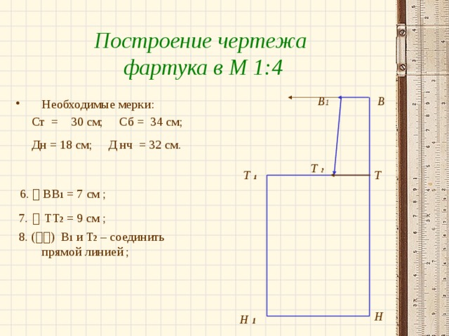 Построение чертежа фартука в М 1:4 В В 1 Необходимые мерки:  Ст = 30 см; Сб = 34 см;  Дн = 18 см; Д нч = 32 см.   6.  ВВ 1 = 7 см ;  7.    ТТ 2 = 9 см ;  8. (  ) В 1 и Т 2 – соединить прямой линией ; Т  2 Т  1 Т Н Н 1