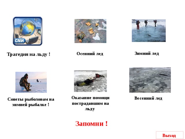 Зимний лед Осенний лед Трагедия на льду ! Оказание помощи пострадавшим на льду Весенний лед Советы рыболовам на зимней рыбалке ! Запомни ! Выход