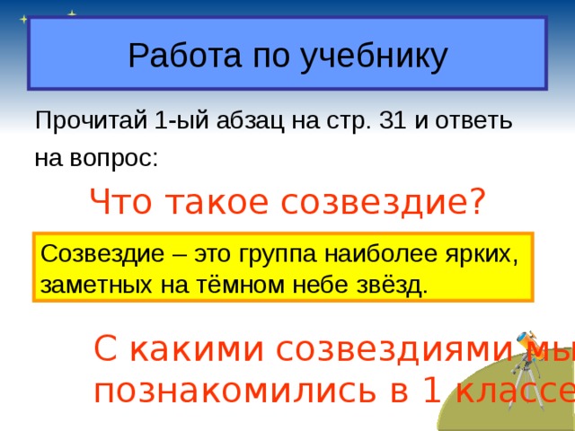 Работа по учебнику Прочитай 1-ый абзац на стр. 31 и ответь на вопрос: Что такое созвездие? Созвездие – это группа наиболее ярких, заметных на тёмном небе звёзд. С какими созвездиями мы познакомились в 1 классе? 