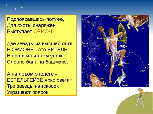 Подпоясавшись потуже, Для охоты снаряжён Выступает ОРИОН . Две звезды из высшей лиги В ОРИОНЕ - это РИГЕЛЬ В правом нижнем уголке, Словно бант на башмаке. А на левом эполете - БЕТЕЛЬГЕЙЗЕ ярко светит. Три звезды наискосок Украшают поясок. 