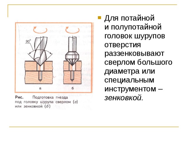 Для потайной и полупотайной головок шурупов отверстия раззенковывают сверлом большого диаметра или специальным инструментом – зенковкой . 