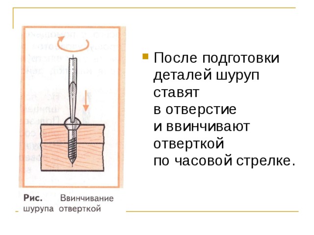 После подготовки деталей шуруп ставят в отверстие и ввинчивают отверткой по часовой стрелке. 