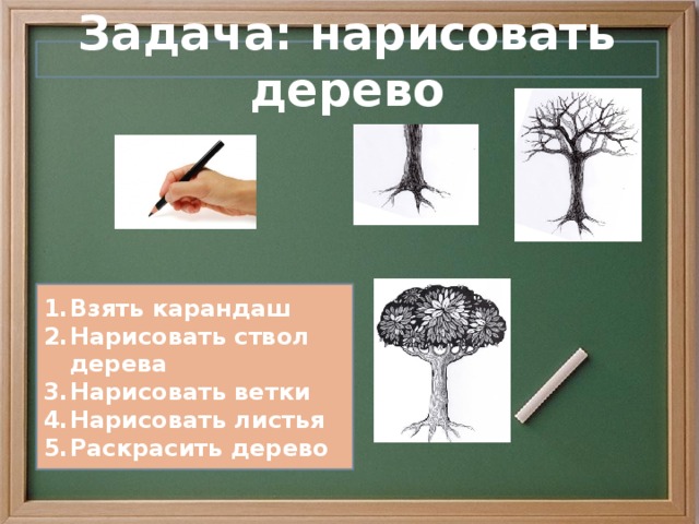 Задача: нарисовать дерево Взять карандаш Нарисовать ствол дерева Нарисовать ветки Нарисовать листья Раскрасить дерево 