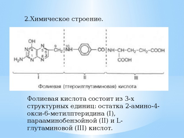2.Химическое строение. Фолиевая кислота состоит из 3-х структурных единиц: остатка 2-амино-4-окси-6-метилптеридина (I), парааминобензойной (II) и L-глутаминовой (III) кислот. 