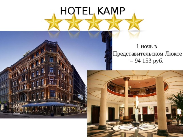 Hotel Kamp 1 ночь в Представительском Люксе = 94 153 руб. 