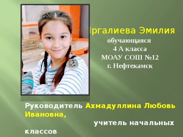 Иргалиева Эмилия обучающаяся 4 А класса МОАУ СОШ №12 г. Нефтекамск Руководитель  Ахмадуллина Любовь Ивановна,  учитель начальных классов 