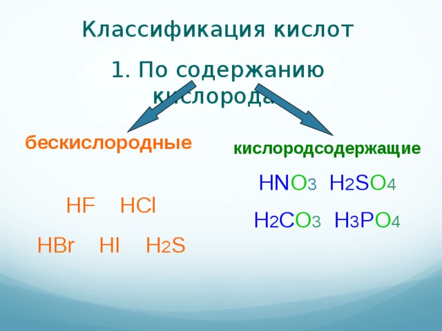 Классификация кислот 1. По содержанию кислорода. бескислородные  HF HCl HBr HI H 2 S кислородсодержащие HN O 3  H 2 S O 4 H 2 C O 3  H 3 P O 4