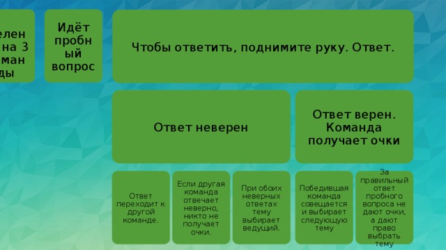  Деление на 3 команды Идёт пробный вопрос Чтобы ответить, поднимите руку. Ответ. Ответ неверен Ответ верен. Команда получает очки Ответ переходит к другой команде. Если другая команда отвечает неверно, никто не получает очки. При обоих неверных ответах тему выбирает ведущий. Победившая команда совещается и выбирает следующую тему За правильный ответ пробного вопроса не дают очки, а дают право выбрать тему 