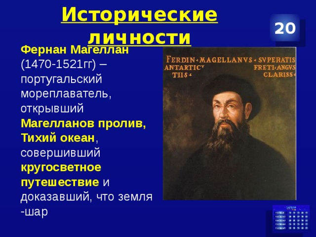 Исторические личности 20 Фернан Магеллан (1470-1521гг) – португальский мореплаватель, открывший Магелланов пролив, Тихий океан , совершивший кругосветное путешествие и доказавший, что земля -шар 