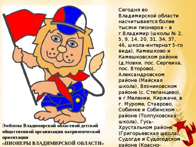 Сегодня во Владимирской области насчитывается более тысячи пионеров – в г.Владимир (школы № 2, 5, 9, 14, 20, 31, 34, 37, 46, школа-интернат 5-го вида), Камешково и Камешковском районе (д.Новки, пос. Сергеиха, пос. Второво), Александровском районе (Майская школа), Вязниковском районе (с. Степанцево), в г.Меленки, Киржаче, в г. Муроме, Ставрово, Собинке и Собинском районе (Толпуховская школа), Гусь-Хрустальном районе (Григорьевская школа), Судогде и Судогодском районе (Красно-Богатырская школа), Петушках, Кольчугино и т.д. Эмблема Владимирской областной детской общественной организации патриотической ориентации «ПИОНЕРЫ ВЛАДИМИРСКОЙ ОБЛАСТИ»