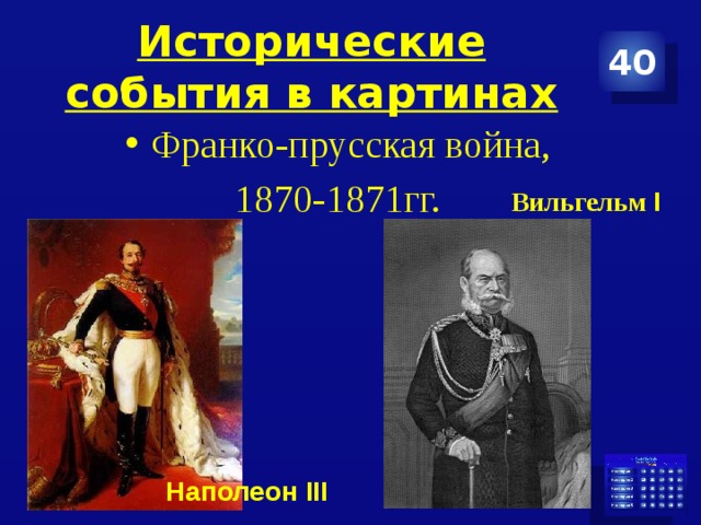 Исторические события в картинах 40 Франко-прусская война, 1870-1871гг. Вильгельм I Наполеон III 