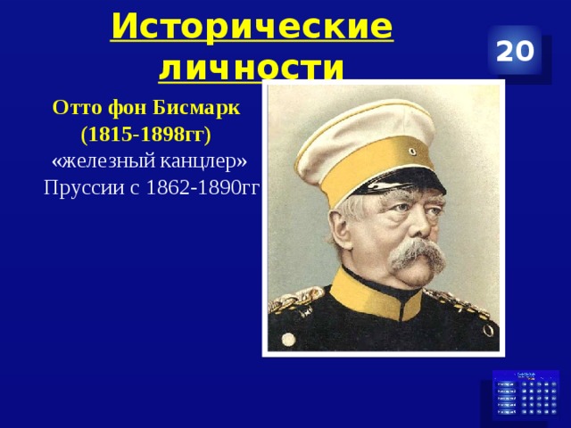 Исторические личности 20 Отто фон Бисмарк (1815-1898гг) «железный канцлер» Пруссии с 1862-1890гг