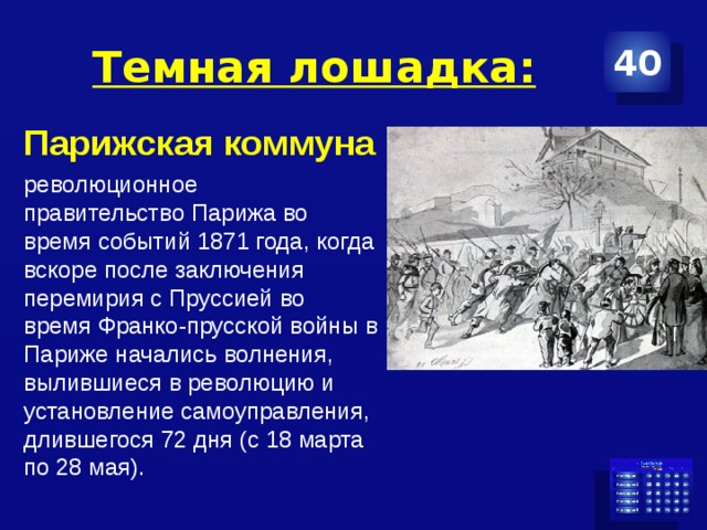Темная лошадка: 40 Парижская коммуна революционное правительство Парижа во время событий 1871 года, когда вскоре после заключения перемирия с Пруссией во время Франко-прусской войны в Париже начались волнения, вылившиеся в революцию и установление самоуправления, длившегося 72 дня (с 18 марта по 28 мая).