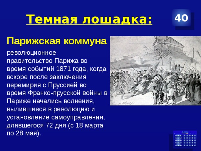 Темная лошадка: 40 Парижская коммуна революционное правительство Парижа во время событий 1871 года, когда вскоре после заключения перемирия с Пруссией во время Франко-прусской войны в Париже начались волнения, вылившиеся в революцию и установление самоуправления, длившегося 72 дня (с 18 марта по 28 мая).  