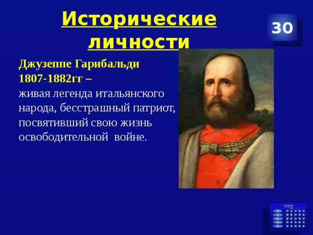 Исторические личности 30 Джузеппе Гарибальди 1807-1882гг – живая легенда итальянского народа, бесстрашный патриот, посвятивший свою жизнь освободительной войне.