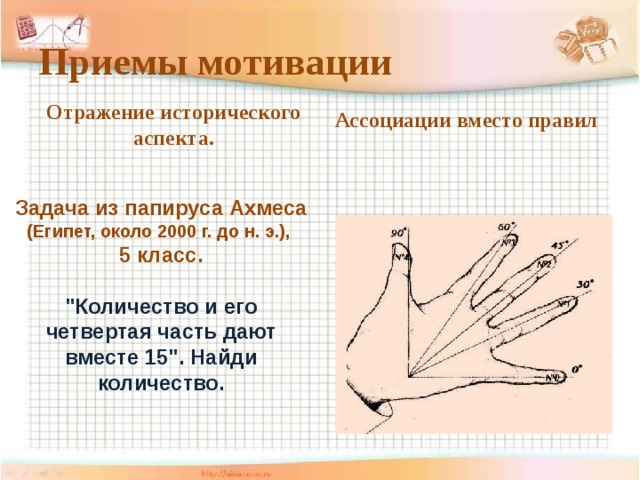 Приемы мотивации Ассоциации вместо правил Отражение исторического аспекта. Задача из папируса Ахмеса «Тригонометрией в ладони» , (Египет, около 2000 г. до н. э.), 8 класс 5 класс.  