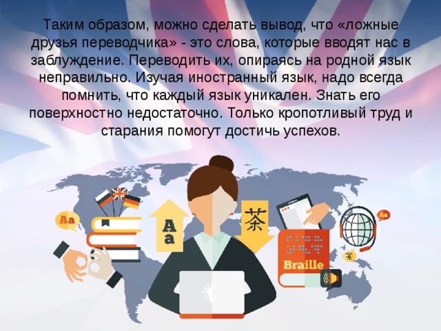 Таким образом, можно сделать вывод, что «ложные друзья переводчика» - это слова, которые вводят нас в заблуждение. Переводить их, опираясь на родной язык неправильно. Изучая иностранный язык, надо всегда помнить, что каждый язык уникален. Знать его поверхностно недостаточно. Только кропотливый труд и старания помогут достичь успехов.