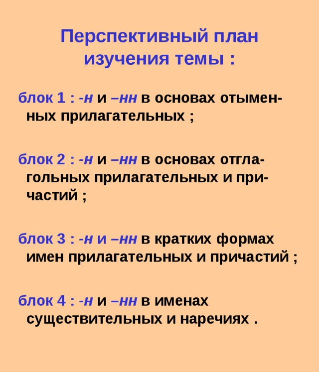 Перспективный план изучения темы : блок 1 : -н  и  –нн  в основах  отымен-ных прилагательных ;  блок 2 : -н  и  –нн в основах отгла-гольных прилагательных и при-частий ;  блок 3 : -н и –нн в кратких формах имен прилагательных и причастий ;  блок 4 : -н  и  –нн в именах существительных и наречиях . 