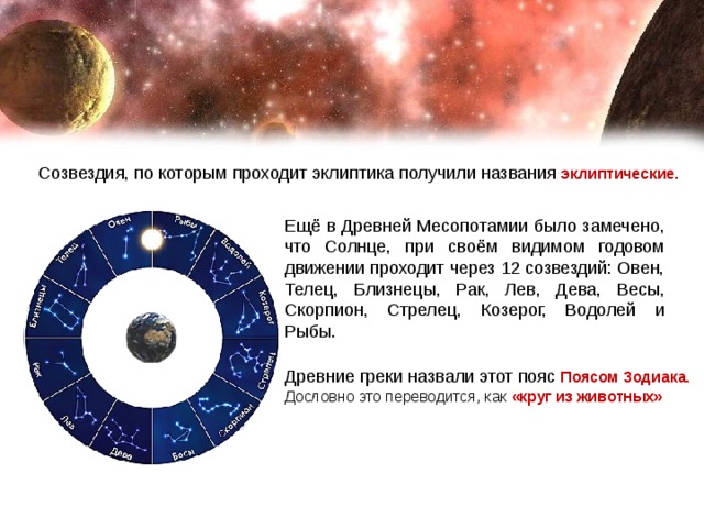 Созвездия, по которым проходит эклиптика получили названия  эклиптические. Ещё в Древней Месопотамии было замечено, что Солнце, при своём видимом годовом движении проходит через 12 созвездий: Овен, Телец, Близнецы, Рак, Лев, Дева, Весы, Скорпион, Стрелец, Козерог, Водолей и Рыбы. Древние греки назвали этот пояс  Поясом Зодиака.   Дословно это переводится, как «круг из животных» 