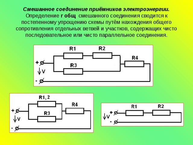 Смешанное соединение приёмников электроэнергии.  Определение r общ   смешанного соединения сводится к постепенному упрощению схемы путём нахождения общего сопротивления отдельных ветвей и участков, содержащих чисто последовательное или чисто параллельное соединения. 