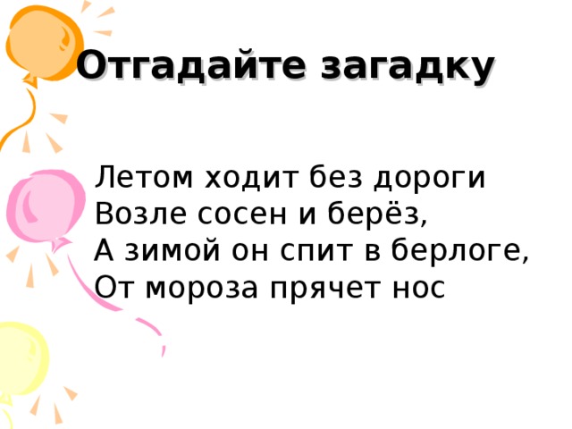 Отгадайте загадку Летом ходит без дороги Возле сосен и берёз, А зимой он спит в берлоге, От мороза прячет нос