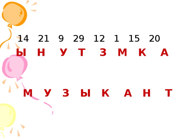 14 21 9 29 12 1 15 20 Ы Н У Т З М К А М У З Ы К А Н Т