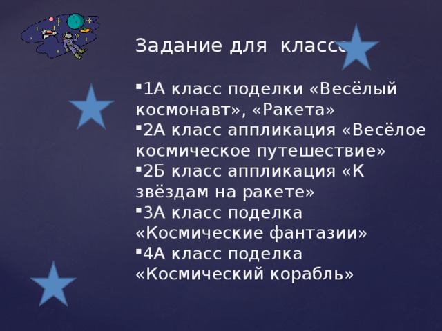 Задание для классов: 1А класс поделки «Весёлый космонавт», «Ракета» 2А класс аппликация «Весёлое космическое путешествие» 2Б класс аппликация «К звёздам на ракете» 3А класс поделка «Космические фантазии» 4А класс поделка «Космический корабль» 