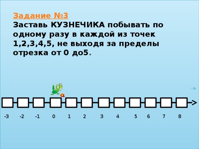 Задание №3  Заставь КУЗНЕЧИКА побывать по одному разу в каждой из точек 1,2,3,4,5, не выходя за пределы отрезка от 0 до5 . 4 8 7 6 5 1 3 2 0 -1 -2 -3 