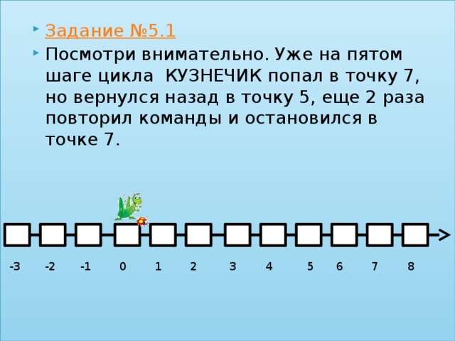 Задание №5.1 Посмотри внимательно. Уже на пятом шаге цикла КУЗНЕЧИК попал в точку 7, но вернулся назад в точку 5, еще 2 раза повторил команды и остановился в точке 7. 4 8 7 6 5 1 3 2 0 -1 -2 -3 