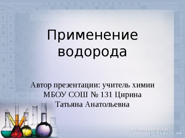 Применение водорода Автор презентации: учитель химии МБОУ СОШ № 131 Цирина Татьяна Анатольевна 