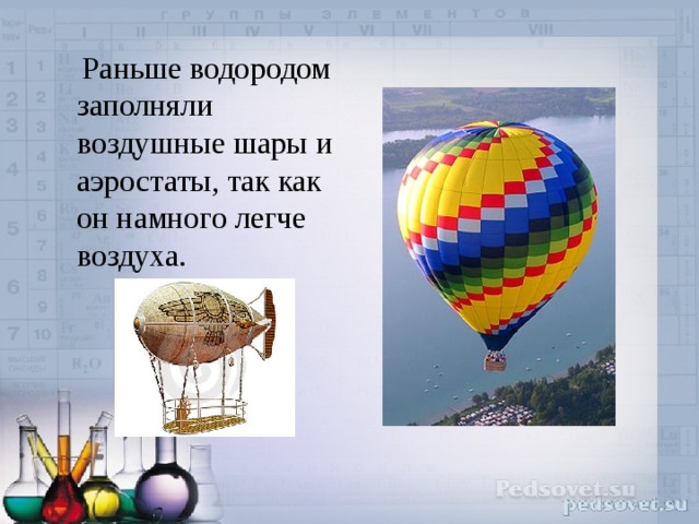  Раньше водородом заполняли воздушные шары и аэростаты, так как он намного легче воздуха. 