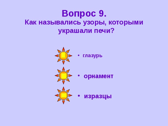 Вопрос 9. Как назывались узоры, которыми украшали печи? глазурь орнамент изразцы 