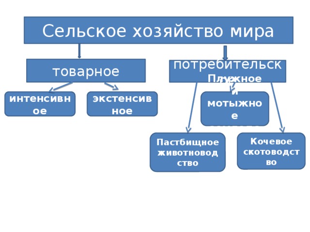 Сельское хозяйство мира товарное потребительское интенсивное экстенсивное Плужное и мотыжное земледелие Кочевое скотоводство Пастбищное животноводство 