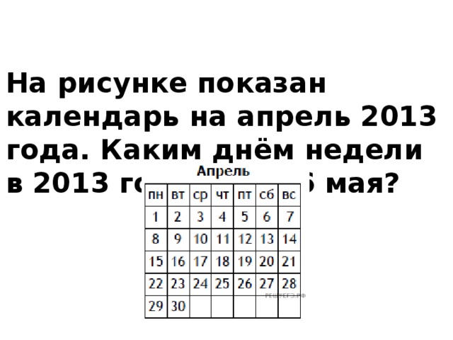 На рисунке показан календарь на апрель 2013 года. Каким днём недели в 2013 году было 6 мая? 