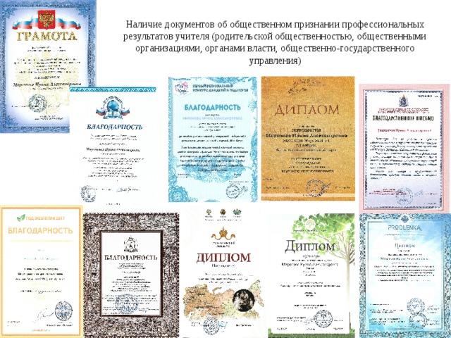 Наличие документов об общественном признании профессиональных результатов учителя (родительской общественностью, общественными организациями, органами власти, общественно-государственного управления)