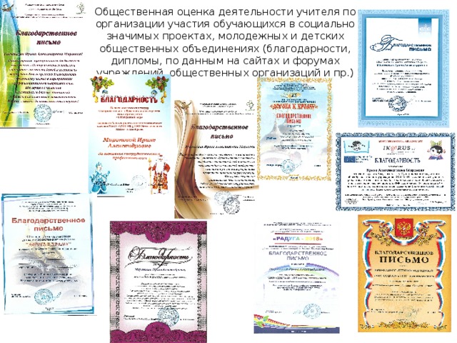 Общественная оценка деятельности учителя по организации участия обучающихся в социально значимых проектах, молодежных и детских общественных объединениях (благодарности, дипломы, по данным на сайтах и форумах учреждений, общественных организаций и пр.)