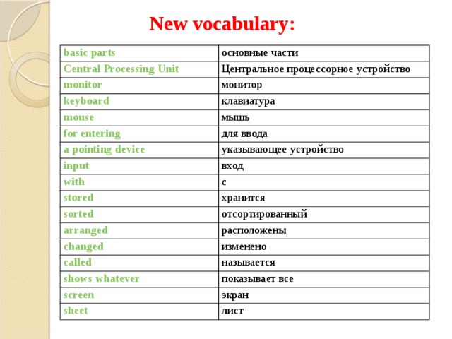 New vocabulary: основные части Центральное процессорное устройство монитор клавиатура мышь для ввода указывающее устройство вход с хранится отсортированный расположены изменено называется показывает все экран лист 