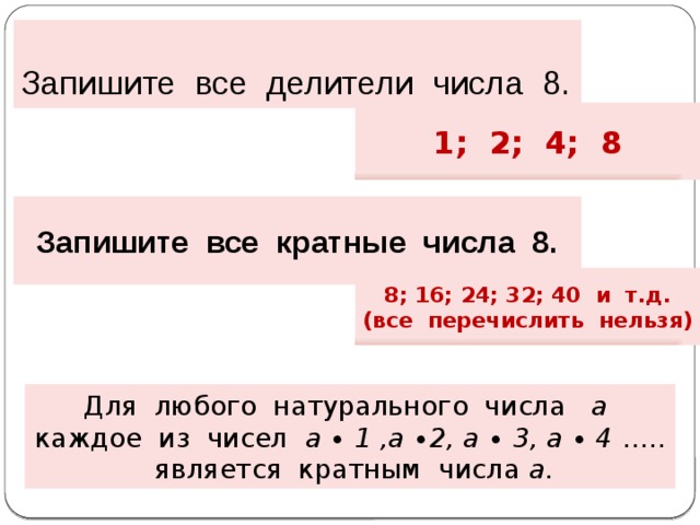 Какие кратные 4. Числа кратные 8. Делители числа и кратные числа. Делители и кратные 8. Запишите все делители числа.