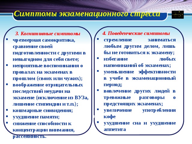 Симптомы экзаменационного стресса 4. Поведенческие симптомы стремление заниматься любым другим делом, лишь бы не готовиться к экзамену; избегание любых напоминаний об экзаменах; уменьшение эффективности в учебе в экзаменационный период; вовлечение других людей в тревожные разговоры о предстоящих экзаменах; увеличение употребления кофе ухудшение сна и ухудшение аппетита 3. Когнитивные симптомы чрезмерная самокритика, сравнение своей подготовленности с другими в невыгодном для себя свете; неприятные воспоминания о провалах на экзаменах в прошлом (своих или чужих); воображение отрицательных последствий неудачи на экзамене (исключение из ВУЗа, лишение стипендии и т.п.); кошмарные сновидения; ухудшение памяти; снижение способности к концентрации внимания, рассеянность.  т Текст Текст Текст 