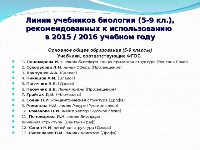 Линии учебников биологии (5-9 кл.), рекомендованных к использованию  в 2015 / 2016 учебном году  Основное общее образование (5-9 классы) Учебники, соответствующие ФГОС: