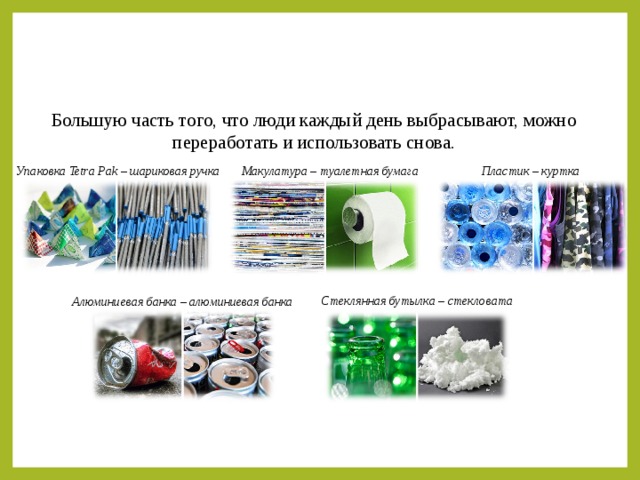 Большую часть того, что люди каждый день выбрасывают, можно переработать и использовать снова. Упаковка Tetra Pak – шариковая ручка Макулатура – туалетная бумага Пластик – куртка Стеклянная бутылка – стекловата Алюминиевая банка – алюминиевая банка 