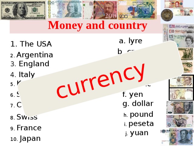 currency Money and country a. lyre 1. The USA b. crone 2. Argentina  c. tenge 3. England d. peso 4. Italy 5. Kazakhstan e. franc 6. Spain f. yen g. dollar 7. China h. pound 8. Swiss  i. peseta 9. France j. yuan 10. Japan  