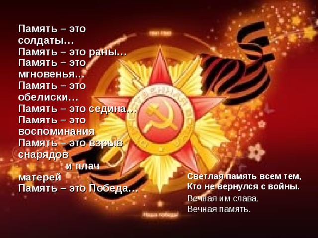 Память – это солдаты… Память – это раны… Память – это мгновенья… Память – это обелиски… Память – это седина… Память – это воспоминания Память – это взрыв снарядов  и плач матерей Память – это Победа… Светлая память всем тем, Кто не вернулся с войны. Вечная им слава. Вечная память.