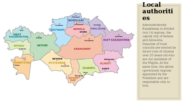 Local authorities Administratively Kazakhstan is divided into 14 regions, the capital city of Astana and Alma-Ata. Deputies of local councils are elected by direct vote of citizens over 20 years old who are not members of the Majilis. At the same time, the akims (governors) regions appointed by the President and are responsible only to him. 