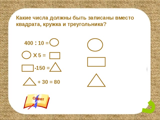 Ответ Какие числа должны быть записаны вместо квадрата, кружка и треугольника? 40 400 : 10 = Х 5 = 200 -150 = 50 + 30 = 80 