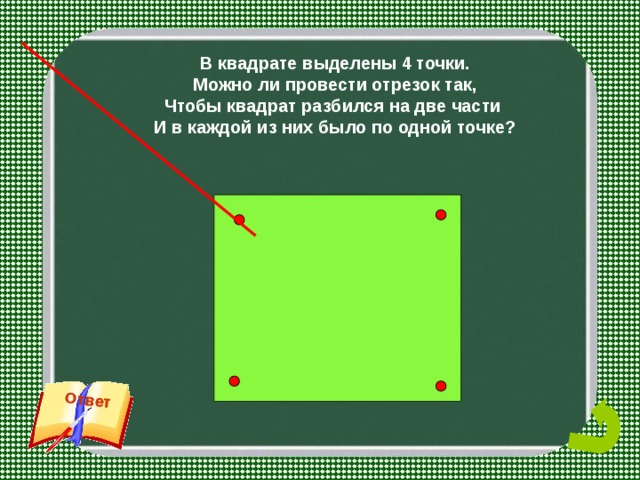 Ответ В квадрате выделены 4 точки. Можно ли провести отрезок так, Чтобы квадрат разбился на две части И в каждой из них было по одной точке? 