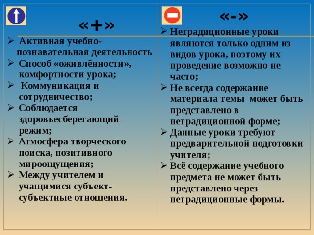 «+» «-»  Активная учебно-познавательная деятельность Нетрадиционные уроки являются только одним из видов урока, поэтому их проведение возможно не часто; Не всегда содержание материала темы может быть представлено в нетрадиционной форме; Данные уроки требуют предварительной подготовки учителя; Всё содержание учебного предмета не может быть представлено через нетрадиционные формы. Способ «оживлённости», комфортности урока;  Коммуникация и сотрудничество; Соблюдается здоровьесберегающий режим; Атмосфера творческого поиска, позитивного мироощущения; Между учителем и учащимися субъект- субъектные отношения.