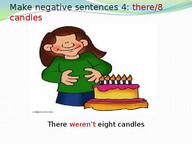 Make negative sentences 4: there/8 candles There weren’t eight candles 